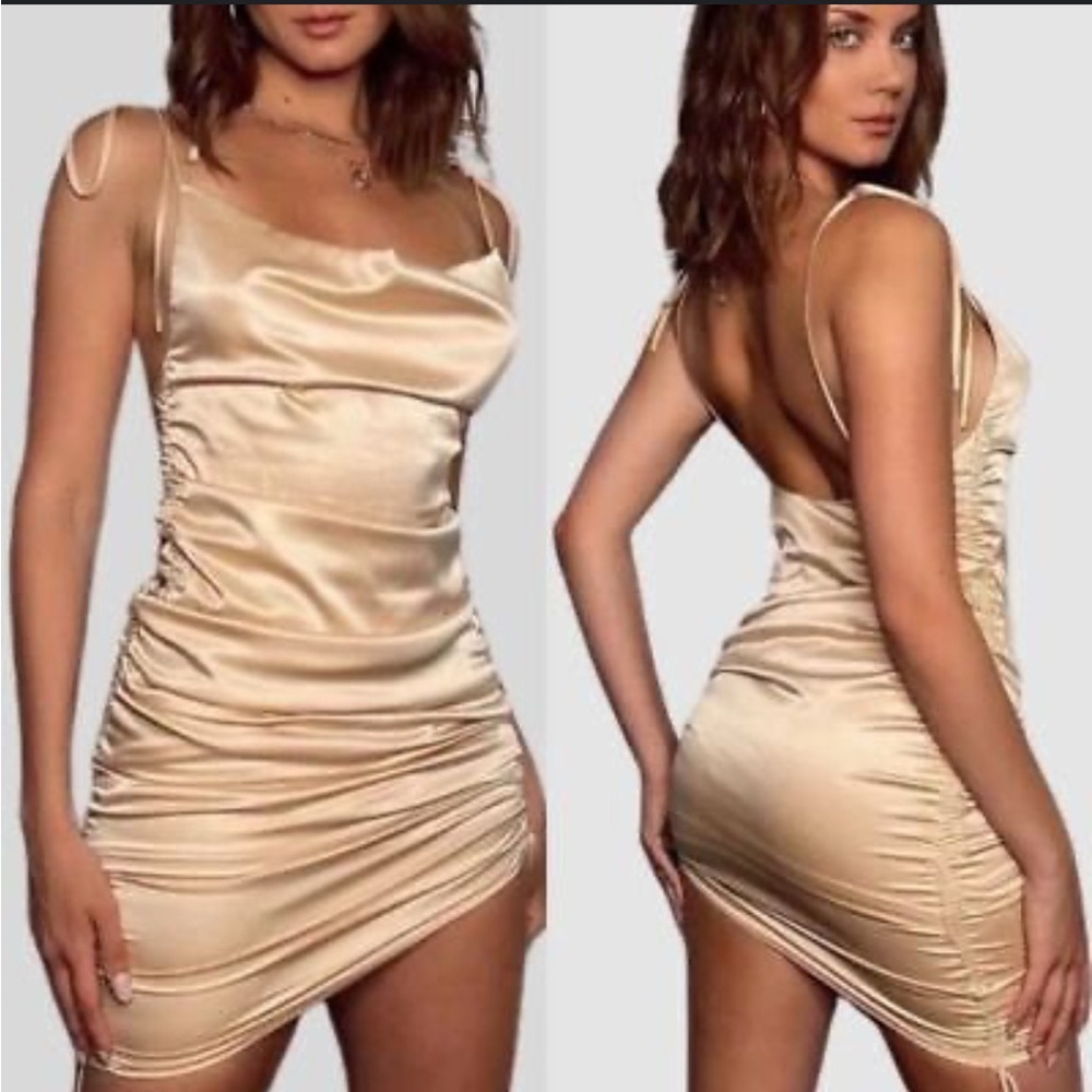 Leau Cabo gold satin adjustable strappy rouched mini dress M NWT